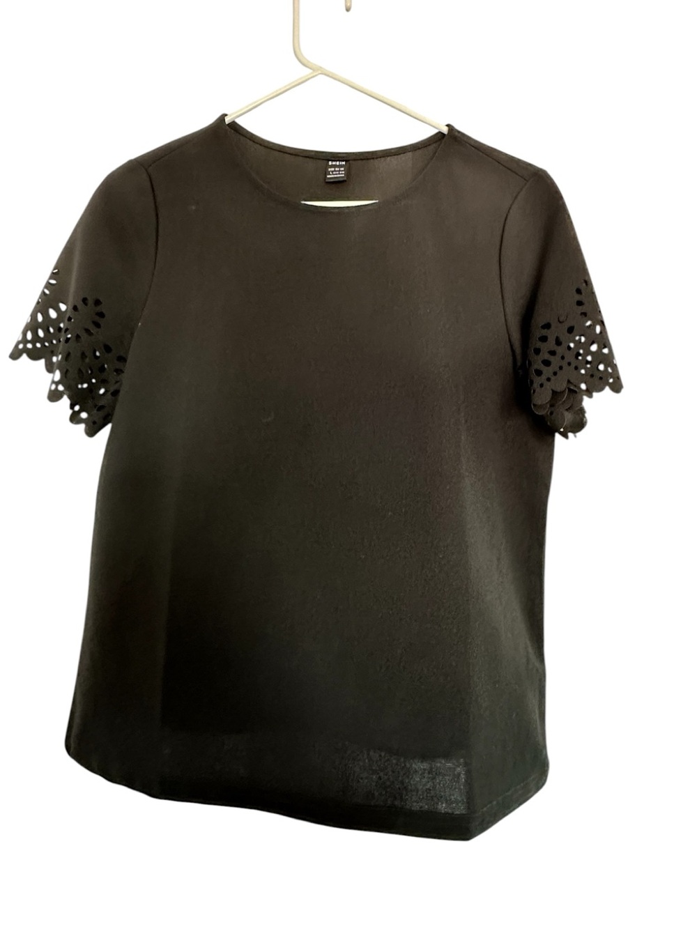 SHEIN Black Eyelet Sleeve Crewneck Top